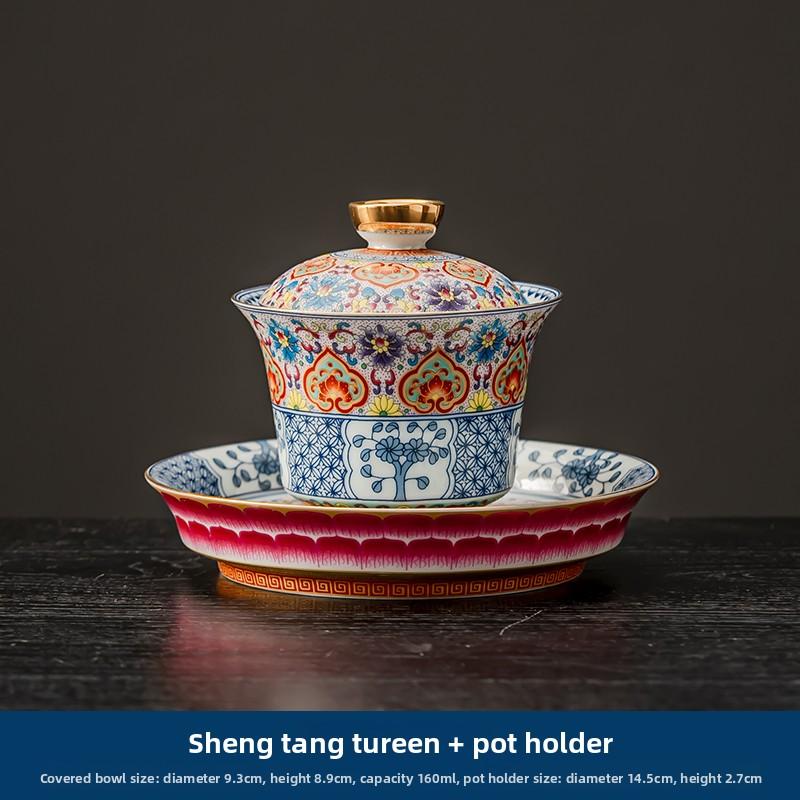 Enamel Colored Sancai Covered Bowl High End Ceramic Kung Fu Tea Set for Household Use Tea Bowl Palace Style Tea Set Accessories