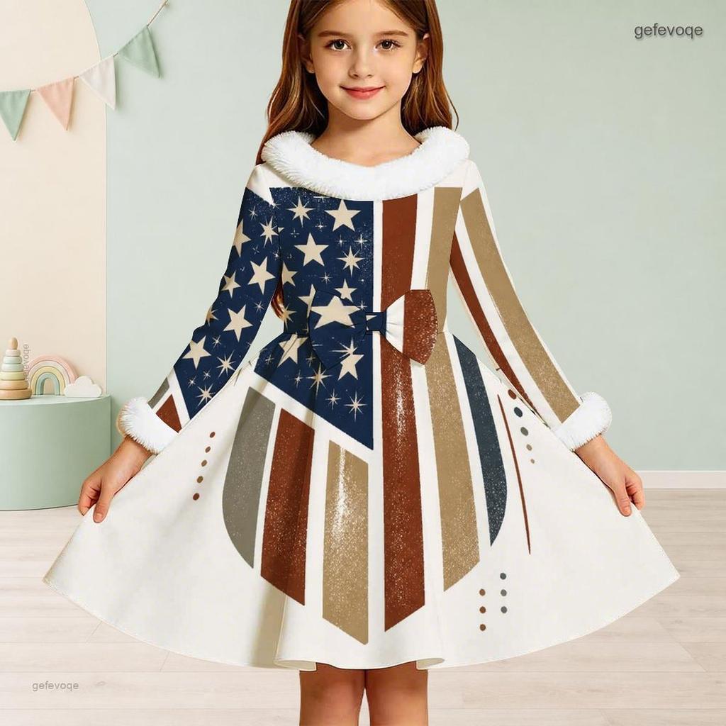 Girls Long Sleeve Star Stripe Printed Dress Fuzzy Collar Cuffs Bow Decor A Line Flared Hem