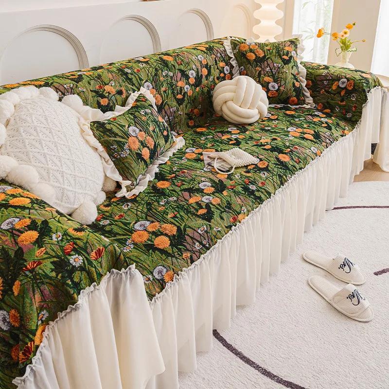 Pastoral Style Cotton And Linen Sofa Blanket Small Flowers Sofa Cover With Skirts Anti-Slip Sofas Towel Beds Blankets Funda Sofa