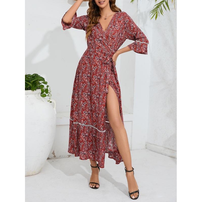 Women's Summer Hollow Lace V-Neck Half Sleeve Tie Dresses