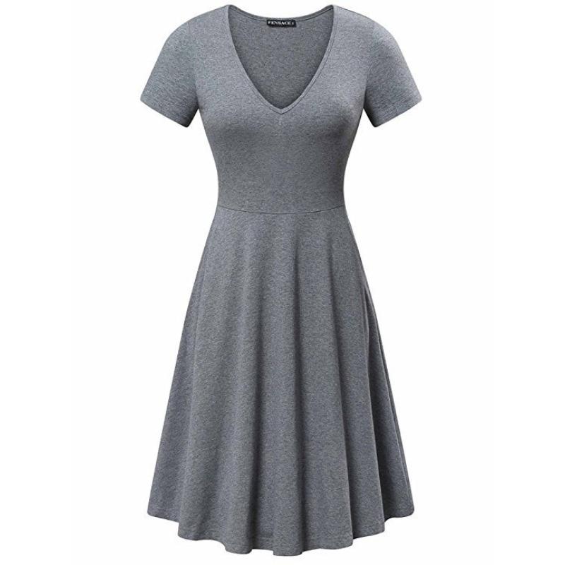Spring and Summer Large Size Solid Color V-neck Short-sleeved Simple Loose Dress