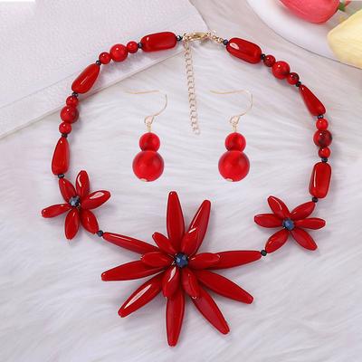 Big Red Flower Necklace Gourd Earring Set, European and American Fashion Creative Exaggerated Resin Versatile Jewelry Women