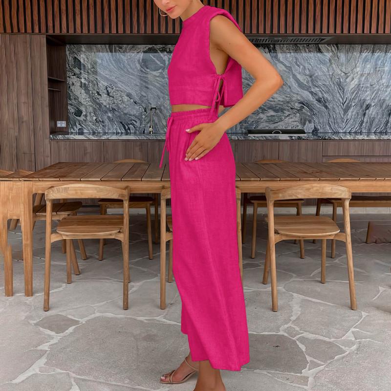 

Модный хлопковый льняной костюм, женские летние подплечники, топ без рукавов, брюки, комплект из двух предметов M розы красного