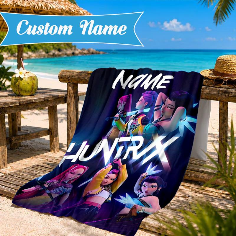 Custom Name Neon Future Heroes KPop Beach Towel Microfiber Beach Towel, Lightweight and Quick-Dry, for Summer Travel, Swimming Pool Gift