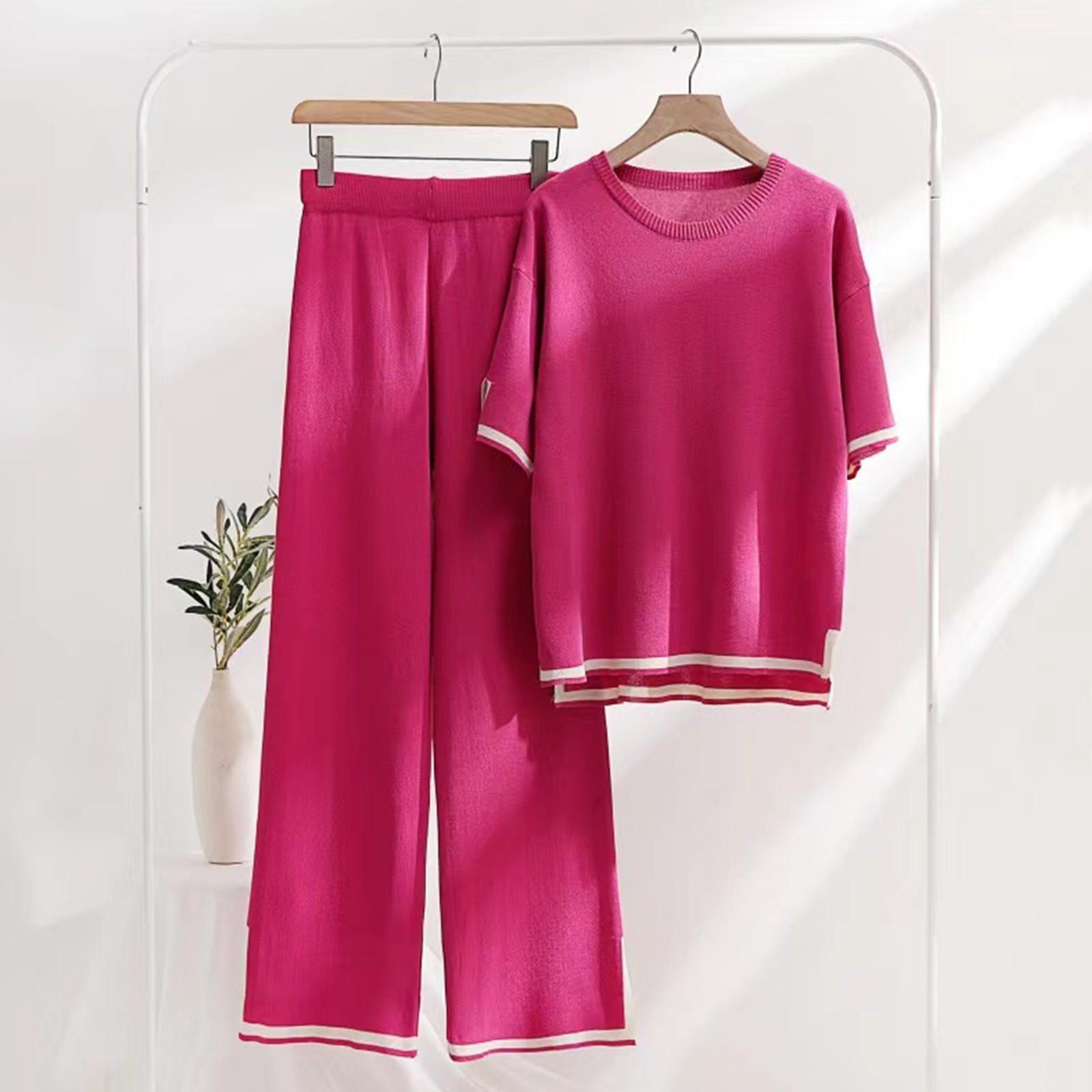 

Womens Knit 2 Piece Sweater Sets Short Sleeve Pullover Tops Elastic Waist Wide Leg Pants Women Set L