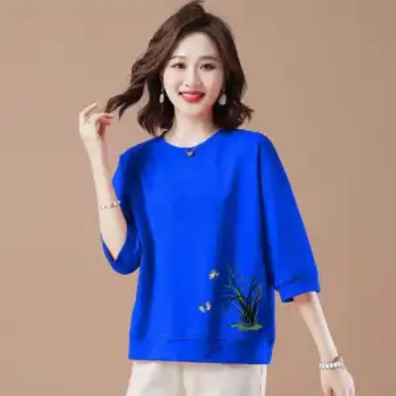 Women's Casual Floral Print Sweatshirt Half Sleeve Crew Neck Loose Pullover Top