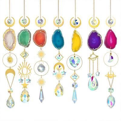 Natural Crystal Wind Chime with Moon Catcher and Colored Agate Slices for Garden Decor