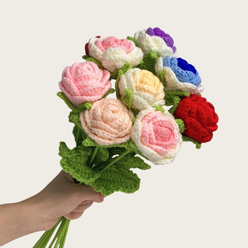 40cm Rose Knitted Yarn Bouquet Artificial Flower for Valentine's Day Bride Wedding Decor Home Decoration Easter Flower Accessory