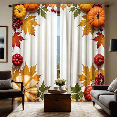 2pcs Set HD Harvest Festival Small Fresh Pumpkin Maple Leaf Curtain White Tie Digital Printed Curtain Home Decor Style Decora