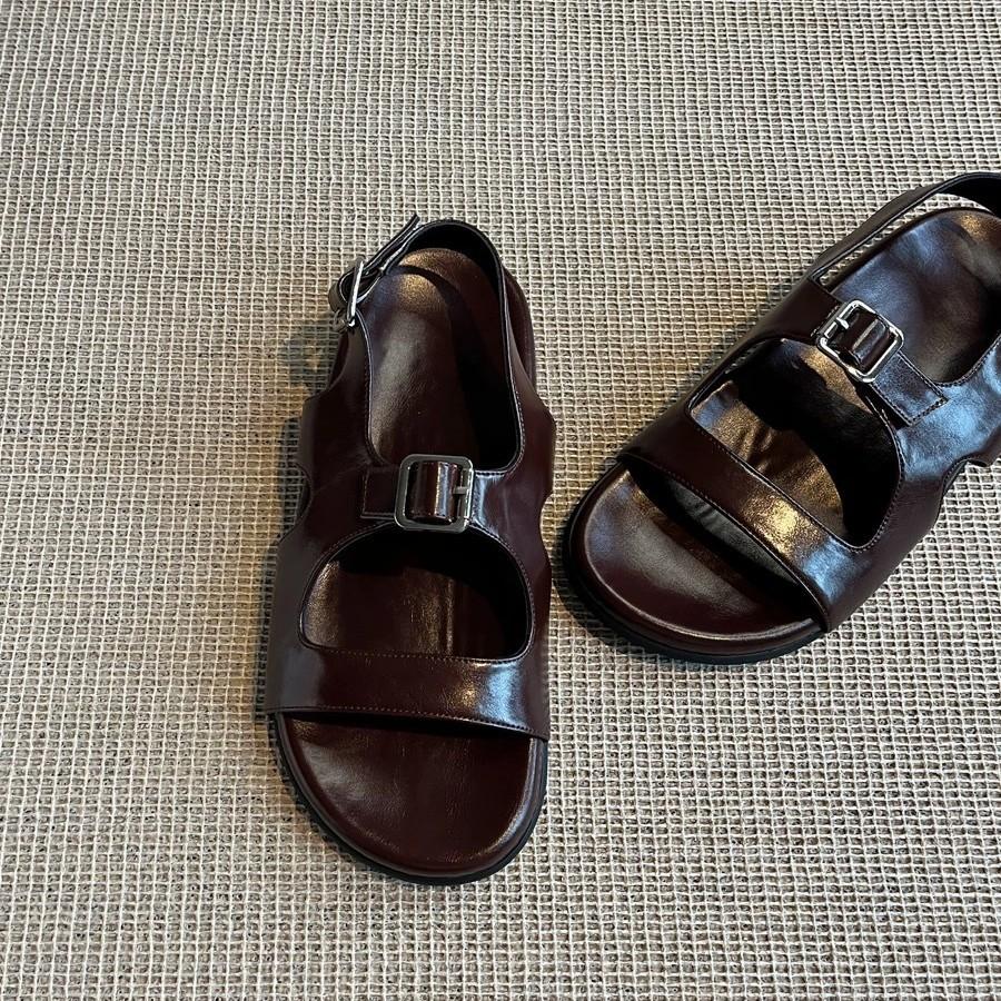 Cowhide version~ Vintage niche belt buckle open-toed platform sandals women's 2025 summer beach flat-bottomed cool slippers