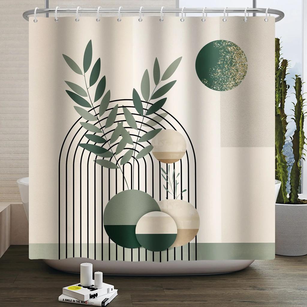 Mid Century Abstract Boho Shower Curtain Green Leaf Plant Modern Arch Sun Minimalist Nordic Waterproof Bathroom Bath Curtain