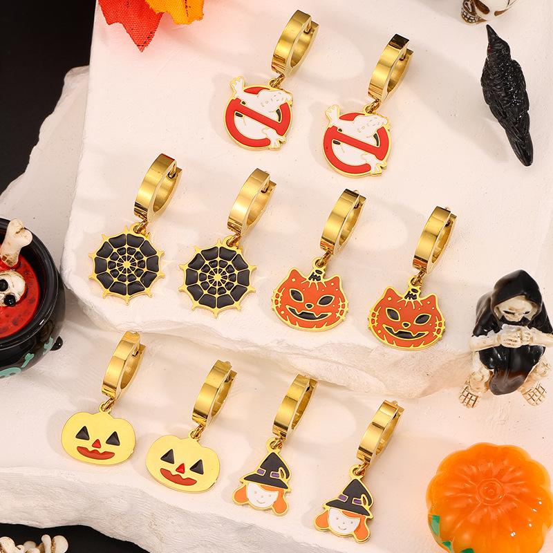 Titanium and Steel Earrings - Halloween Style Earrings - Pumpkin Head Witch-style Vintage Earrings