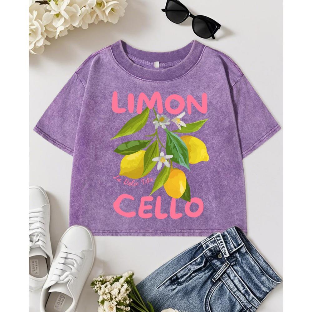 

Lemon Fruits Cello Pink Letter Printing Women Washed Crop T Shirt Slim Crewneck T-Shirt Soft Tops Cotton Streetwear M