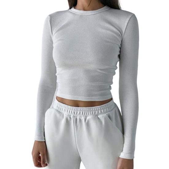 O-Neck Long Sleeves Skinny Knitted T-shirt Women Sexy Ribbed Navel Exposed