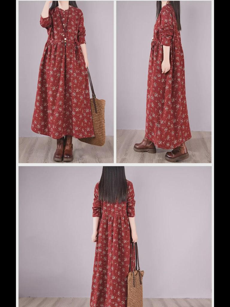 Women's Retro Floral Velvet-Lined Cotton Linen Dress - Round Neck, Long Sleeves, Loose Fit for Autumn/Winter 2023.