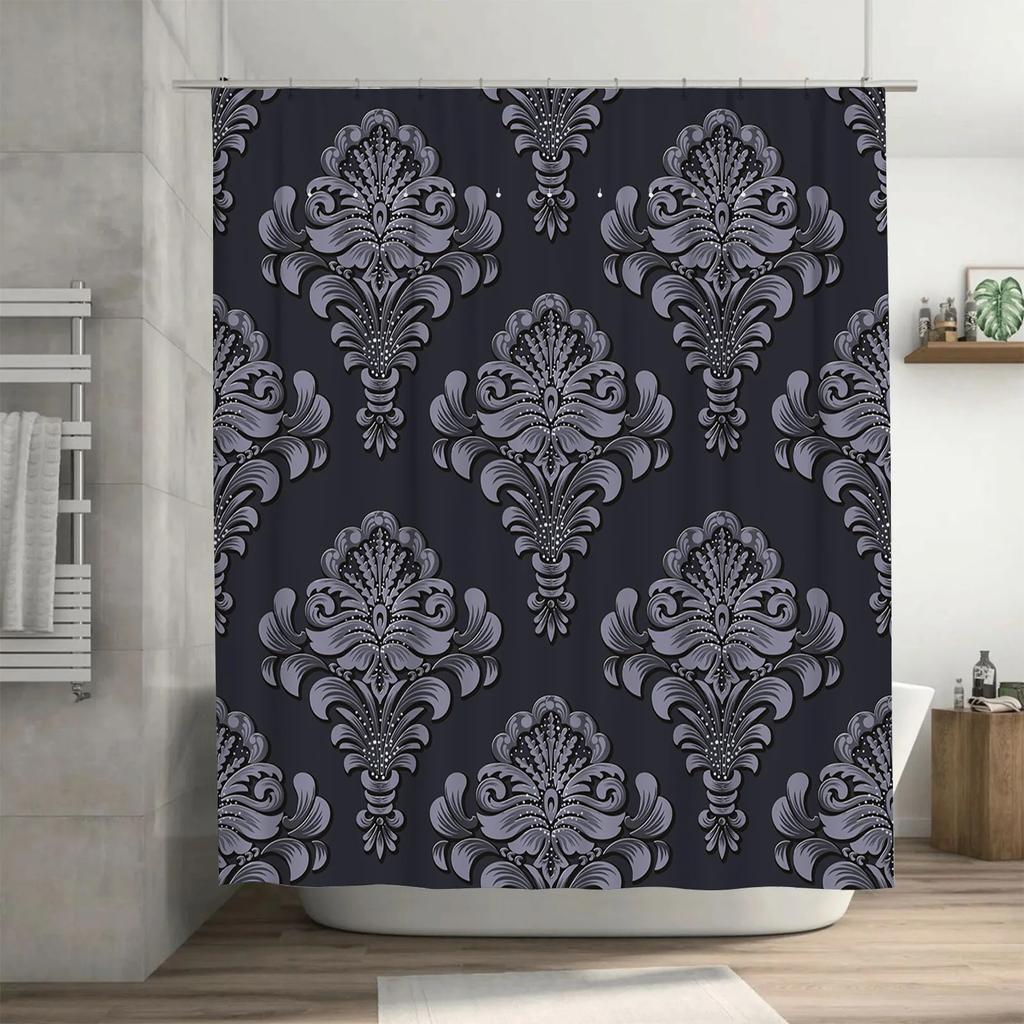 Luxury Damask Shower Curtain Black Grey Floral Print Fabric Waterproof Bathroom Decor 72 x 84 inches (183cm x 213cm)