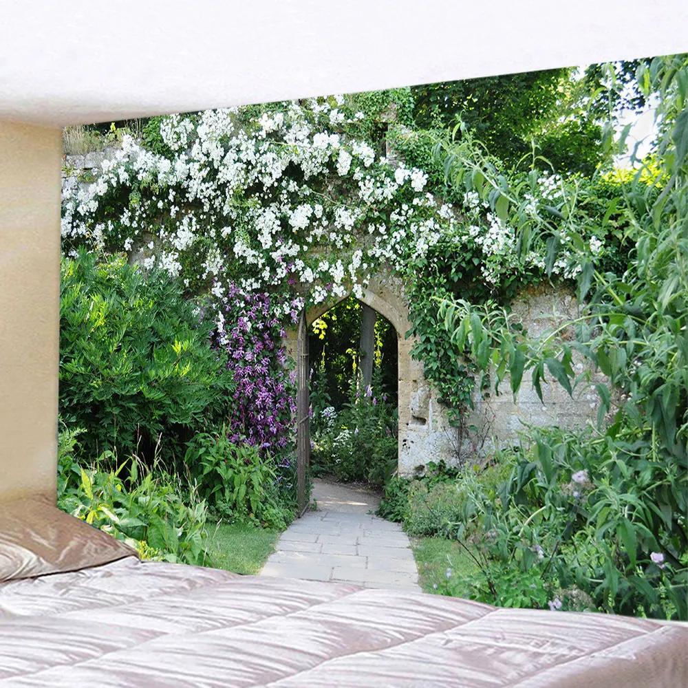 Tapestry Aesthetics Spring Flower Fence  Pink Rose Plant  Wall Garden Window Natural Scenery Home Decoration