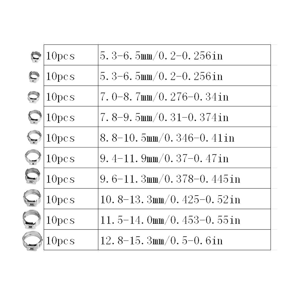 Schlauchschellen, 100 Stück Schlauchschellen Einohr Schlauchschellen-Set Edelstahl Einzel