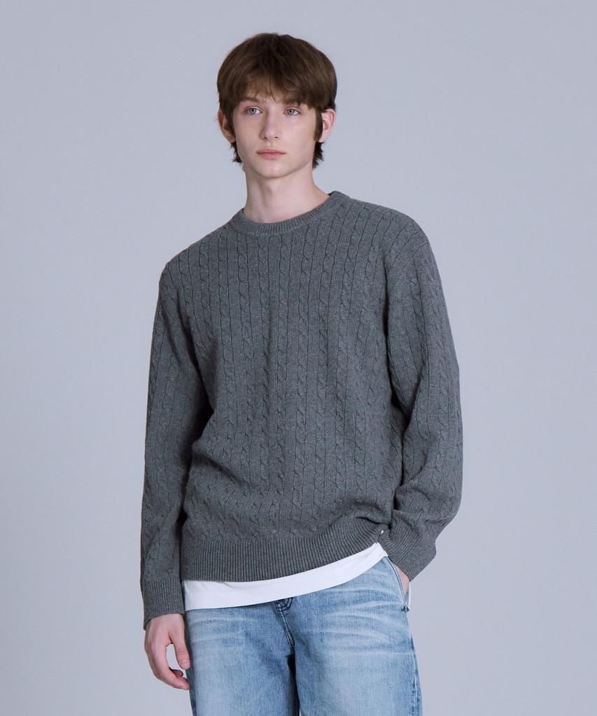 BASIC HOUSE Cable Round Neck Knit Melange Grey Lykt7101