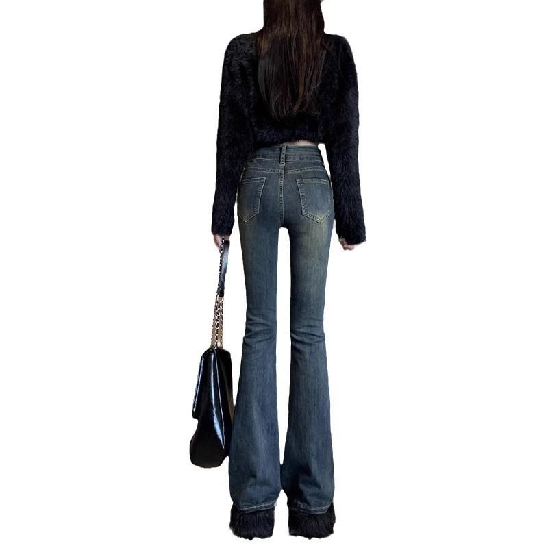 Womens High Waist Stretch Flared Jeans Slim Fit Mid-Rise Denim Pants Casual Korean Style