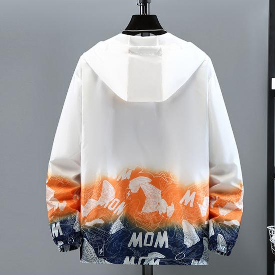 Gradient Print Hooded Drawstring Pockets Zipper Placket Windbreaker Jacket Men Summer Thin Sun Protection Coat