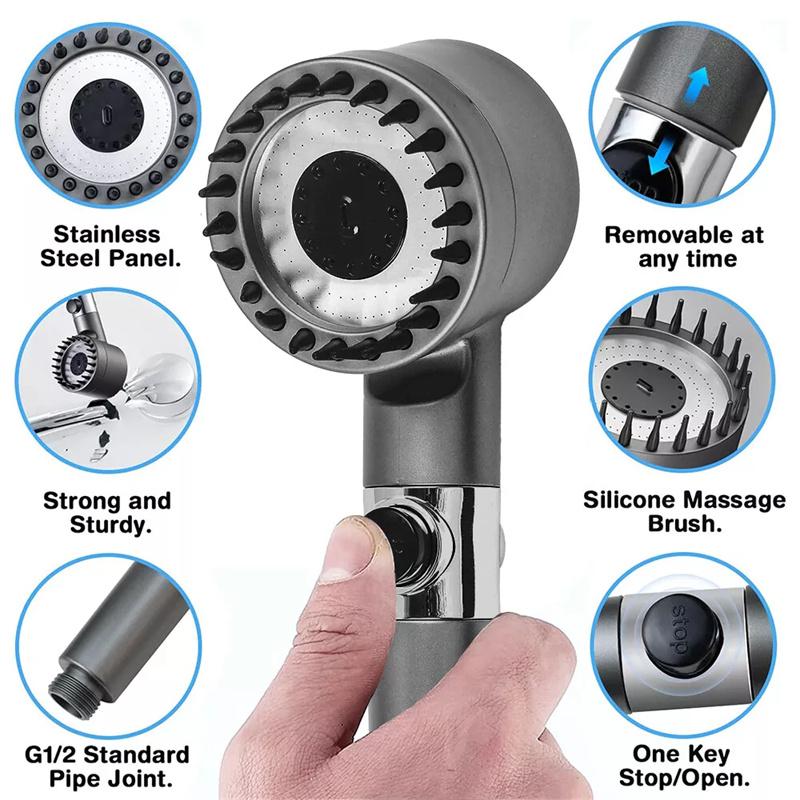 Vysokotlaká filtrovaná sprchová hlavice 3-režimový nastavitelný proud s masážním kartáčem Dešťová baterie Koupelnové doplňky