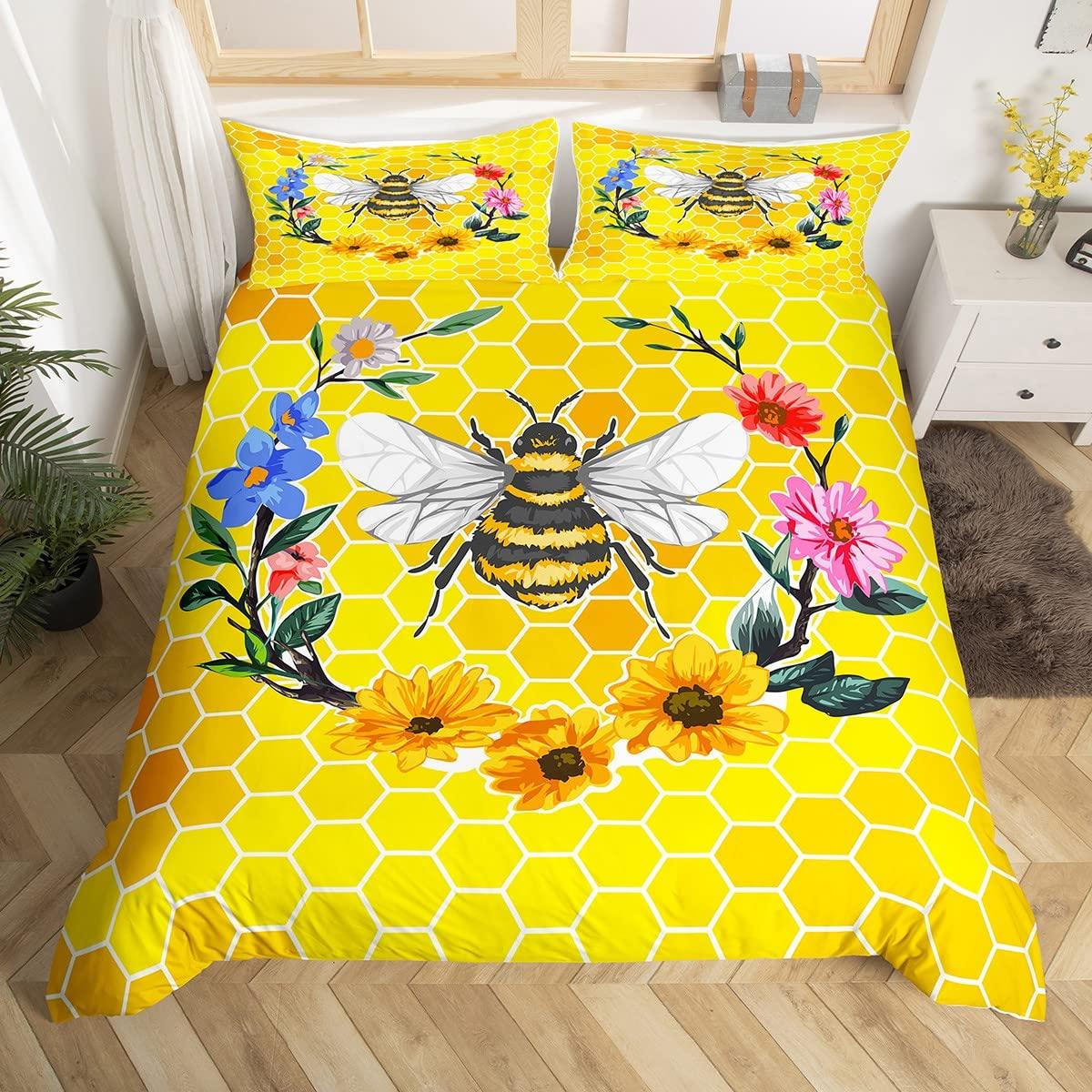 

Bee Duvet Cover Twin Honeybee Bedding Set Farmhouse Wild Animal Comforter Cover Boho White Daisy Flowers Floral Wreath Bed Set EU Single(135x200cm)