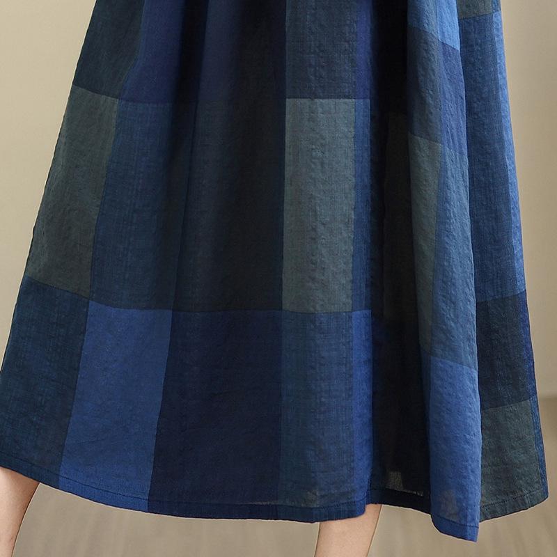2025 Summer Retro Cotton Linen Patchwork Dress - Women's Loose Plus Size, Round Neck, Short Sleeve.