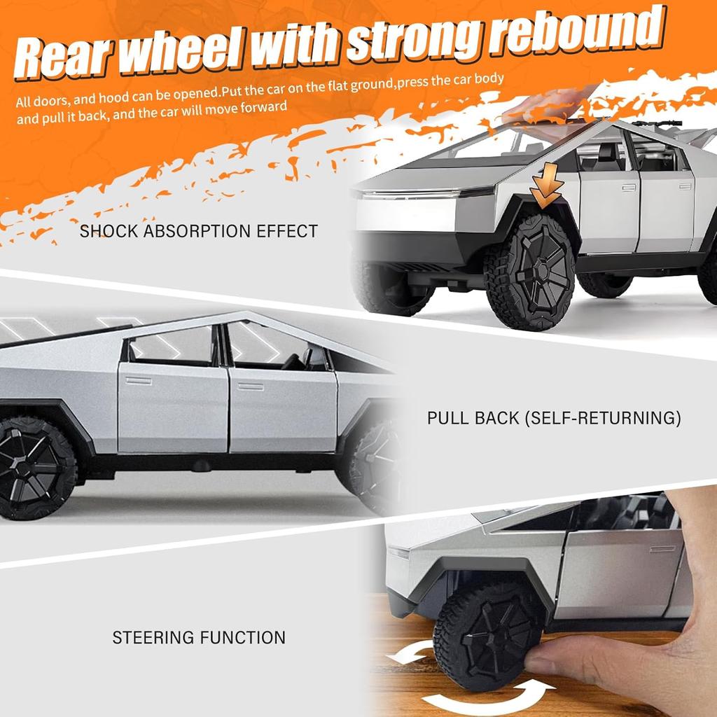 Cybertruck Toy Car,1:24 Zinc Alloy Pull Back Toy Car with Sound and Light,Cyberquad Display Model,Gifts for Boys and Girls (Silver)