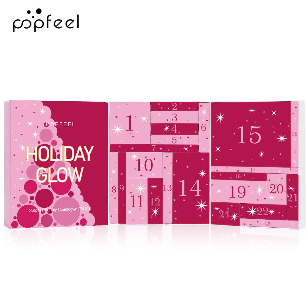 Popfeel Holiday Glow Advent Calendar Makeup Set Full Kit Earth Tone Eyeshadow Lipstick Lip Gloss Mascara Beginner Holiday Gift Box for Women