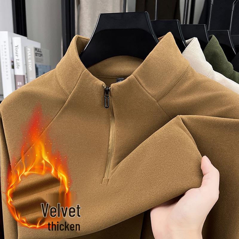 Men's Plush Lined Half-Zip Stand Collar Sweatshirt - Warm Outdoor Base Layer for Autumn & Winter