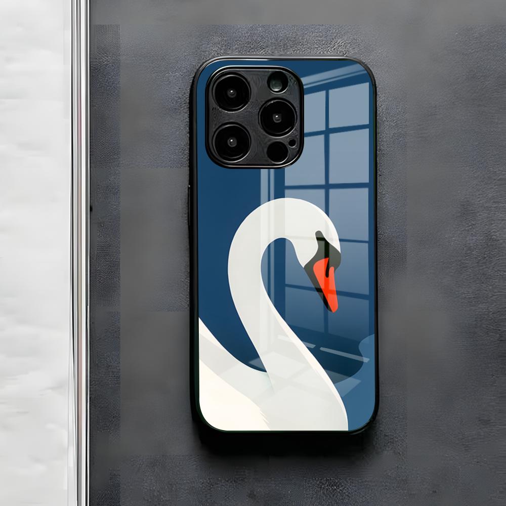 White Swan Illustration Phone Case For IPhone 17 Air 16 E Pro Max 15 14 13 Mini 12 Pro 11 Max Plus Black Glass Cover