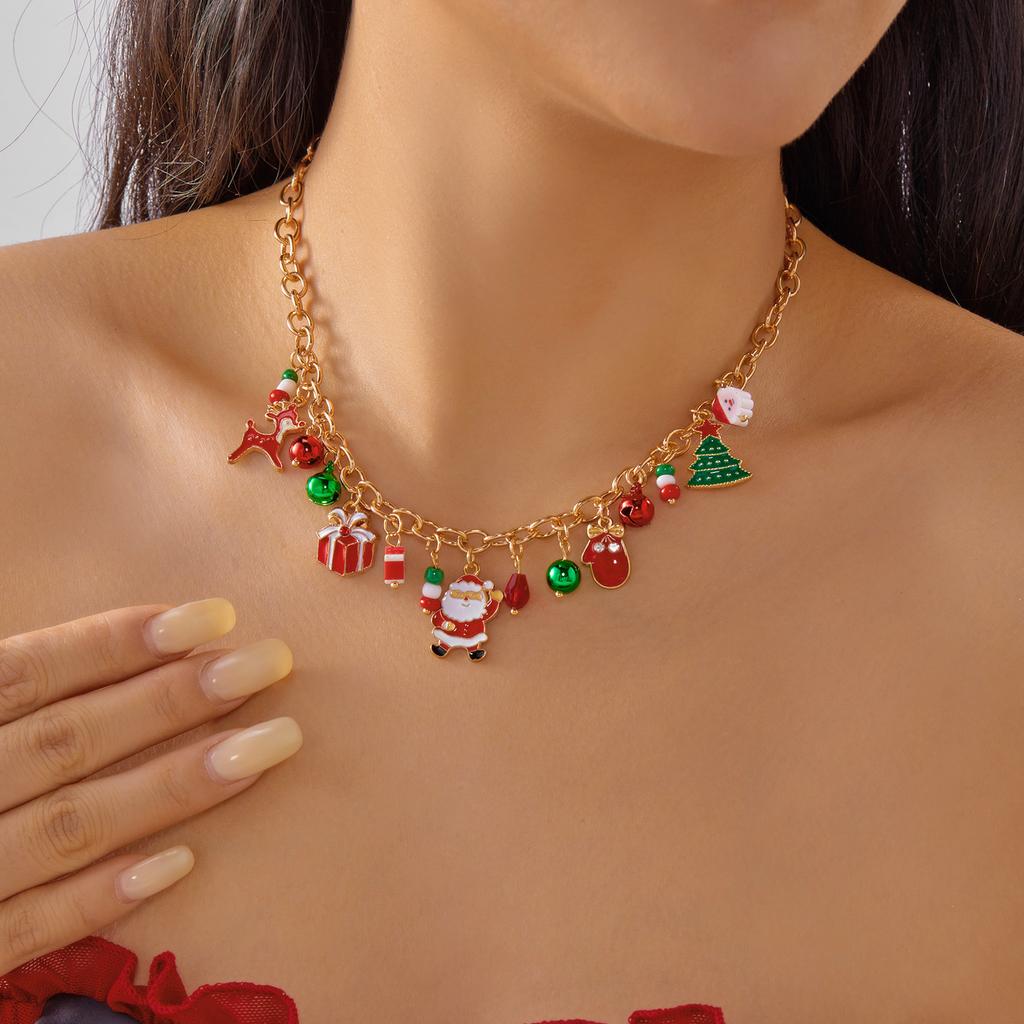 Christmas Metal Chain Necklace For Women Girls Santa Claus Snowman Bell Elk Wreath Pendant Clavicle Choker Party New Year Gifts
