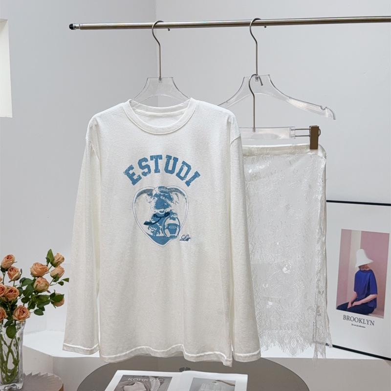 

Rui25 New Cute Bear Print Long Sleeve Shirt + Vintage Lace Waist Flared Hem Set Medium