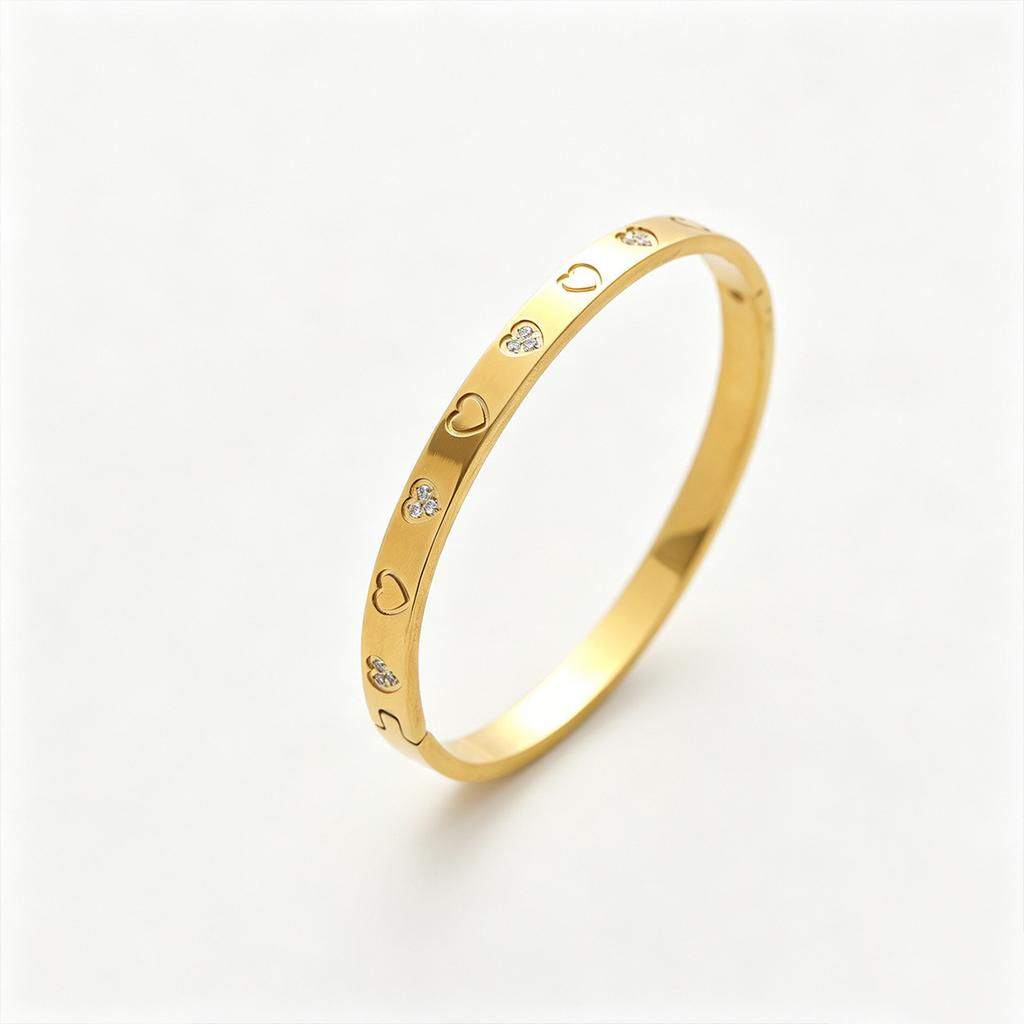 Stainless Steel Gold Plated Open Bangle Multi-Style Heart Star Stripe Mother-of-Pearl Design Versatile Layering Bracelet