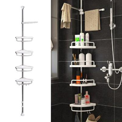 Paslanmaz Çelik Duş Rafı Gergi Direği 4 Katlı Ayarlanabilir Raflar Hızlı Kurulum Köşe Duş Rafı Paslanmaz Depolama Rafı