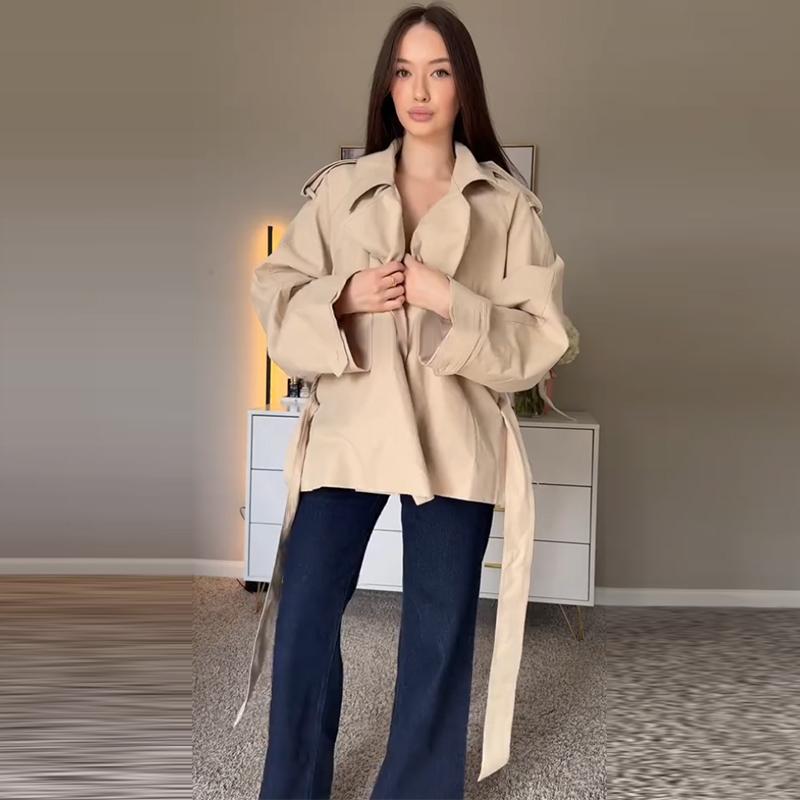 Tie Up Lapel Cardigan Windbreaker Women's Loose Windproof Long Sleeved Jacket Commute Outwear Retro British Style Autumn 2025