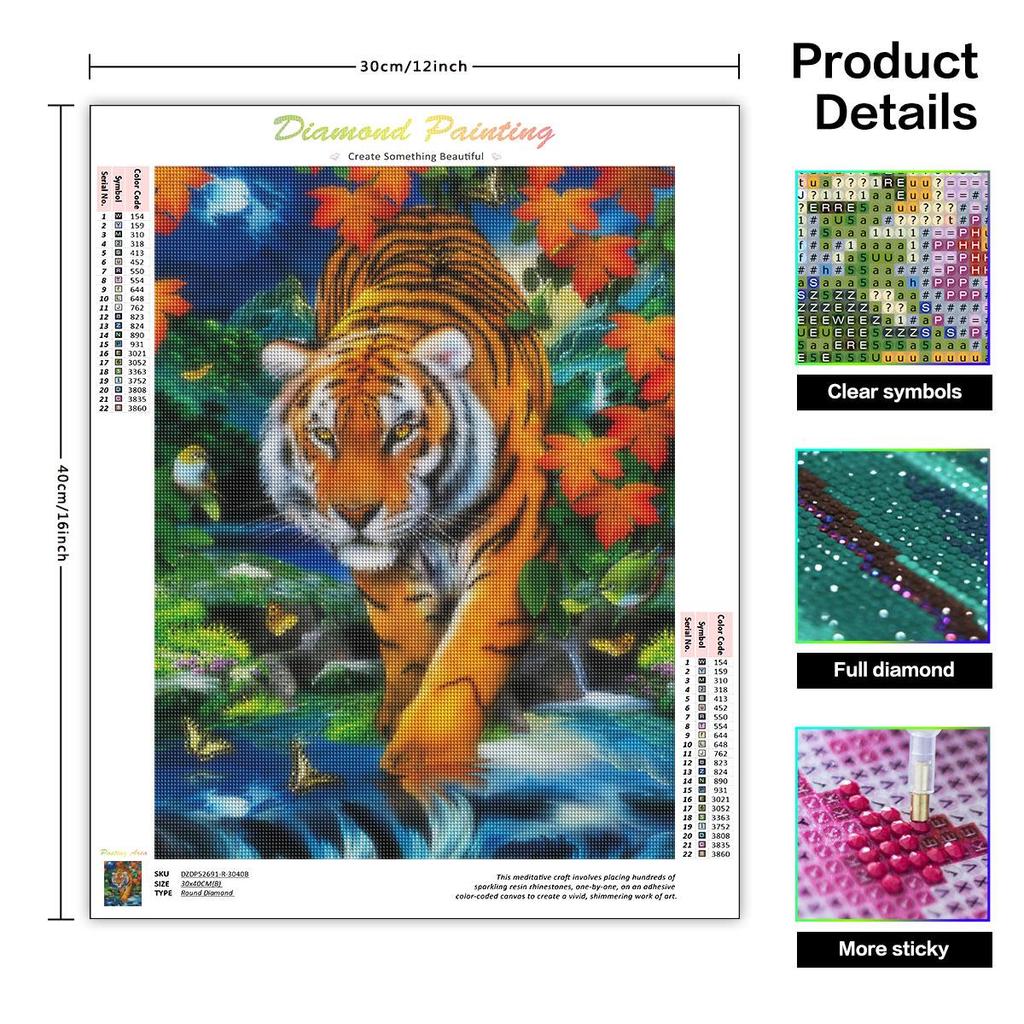 Diy Diamond Painting Full Round Kit Embroidery Mosaic Tiger Cross Stitch Rhinestone Wall Art 30x40cm