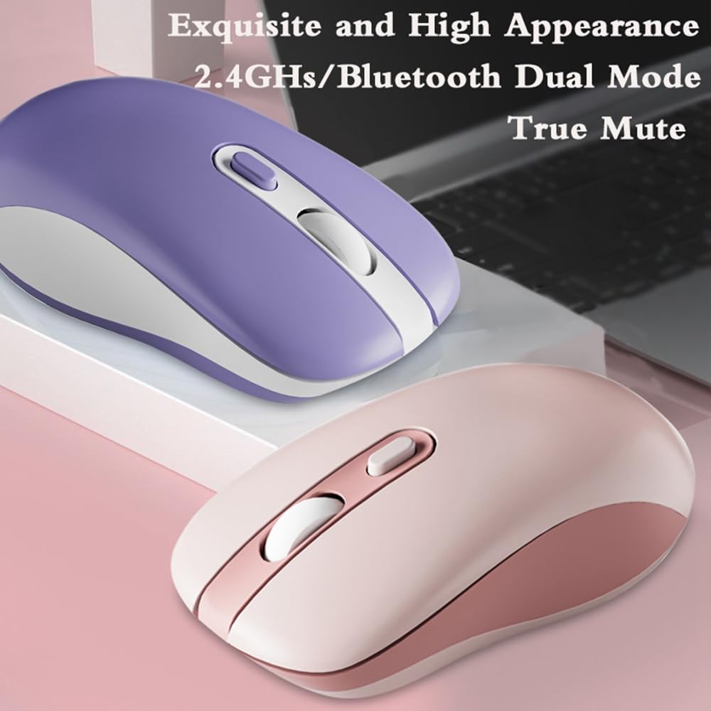 2.4GHz USB Wireless Bluetooth 5.0 Mouse, 3-Device Connection, 6 Buttons, Quiet, Rechargeable, Compact, Portable, Stylish, Compatible with iPhone,
