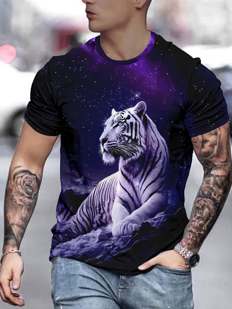 Herren 3D Tiger bedrucktes Kurzarm Rundhals T-Shirt Atmungsaktiv Stretch Lässig Mode T-Shirt Outdoor Party Wochenendbekleidung Tops