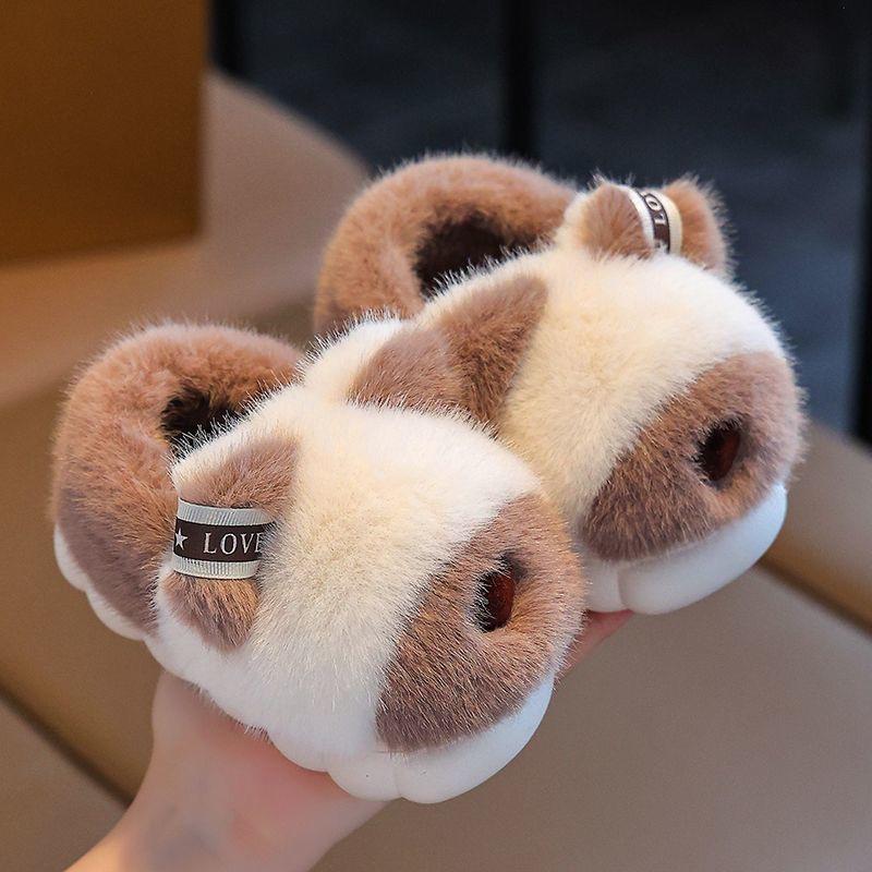 

Детские теплые нескользящие хлопковые тапочки с рисунком кролика Fluffys, детские тапочки 22-23 кофейный