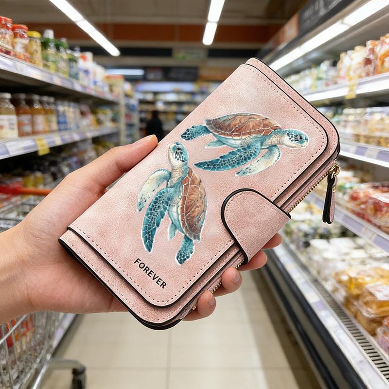 Women's Turtle Long Wallet Tri-fold Card Holder Multi-pocket Printed Zipper Wallet for Cash ID Credit Cards Gift with Fun Design Card Storage