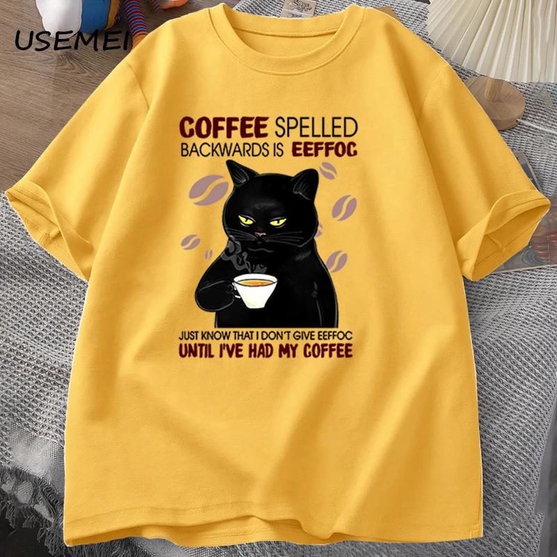 Kaffe baklänges Katt T-shirt Rolig Söt Grafisk T-shirt Sommar Unisex Bomull ONcek T-shirt Oversized Unisex Kläder oversized