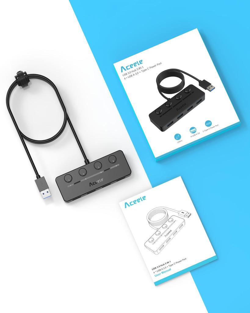 Aceele Hub USB 5 Portów USB USB Ultra Slim Hub Port Zasilania z Niezależnym Włącznikiem Typ Wkładany od Góry Lampka Kontrolna Kabel Przedłużający 5Gbps Ultra
