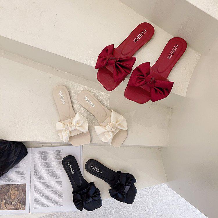2025 Spring/Summer Women's Square Toe Open Toe Bowknot Slides