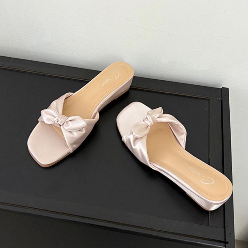 Fashion Female Wedges Footwear Women Low Heel Slippers Shoes Fashion Butterfly-Knot Elegant Ladies Heeled Slippers Sandals Shoes Pumps