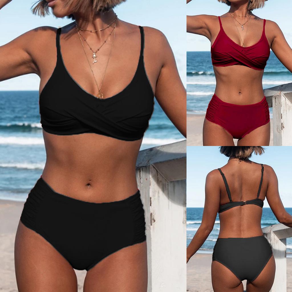Fashion Women Solid Color Sexy Split Swimsuit Casual Bikini Swimsuit Set
