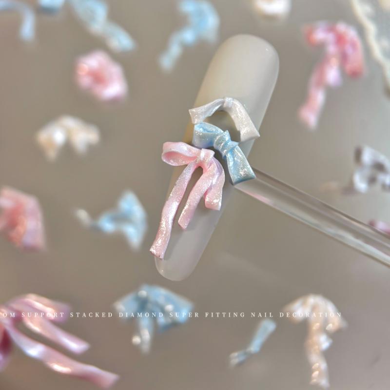 50 Pcs Bowknot Nail Art Decorations 3D Satin Light Nail Charms Colorful Ribbon Bow Rhinestone Diy Manicure Tools Parts