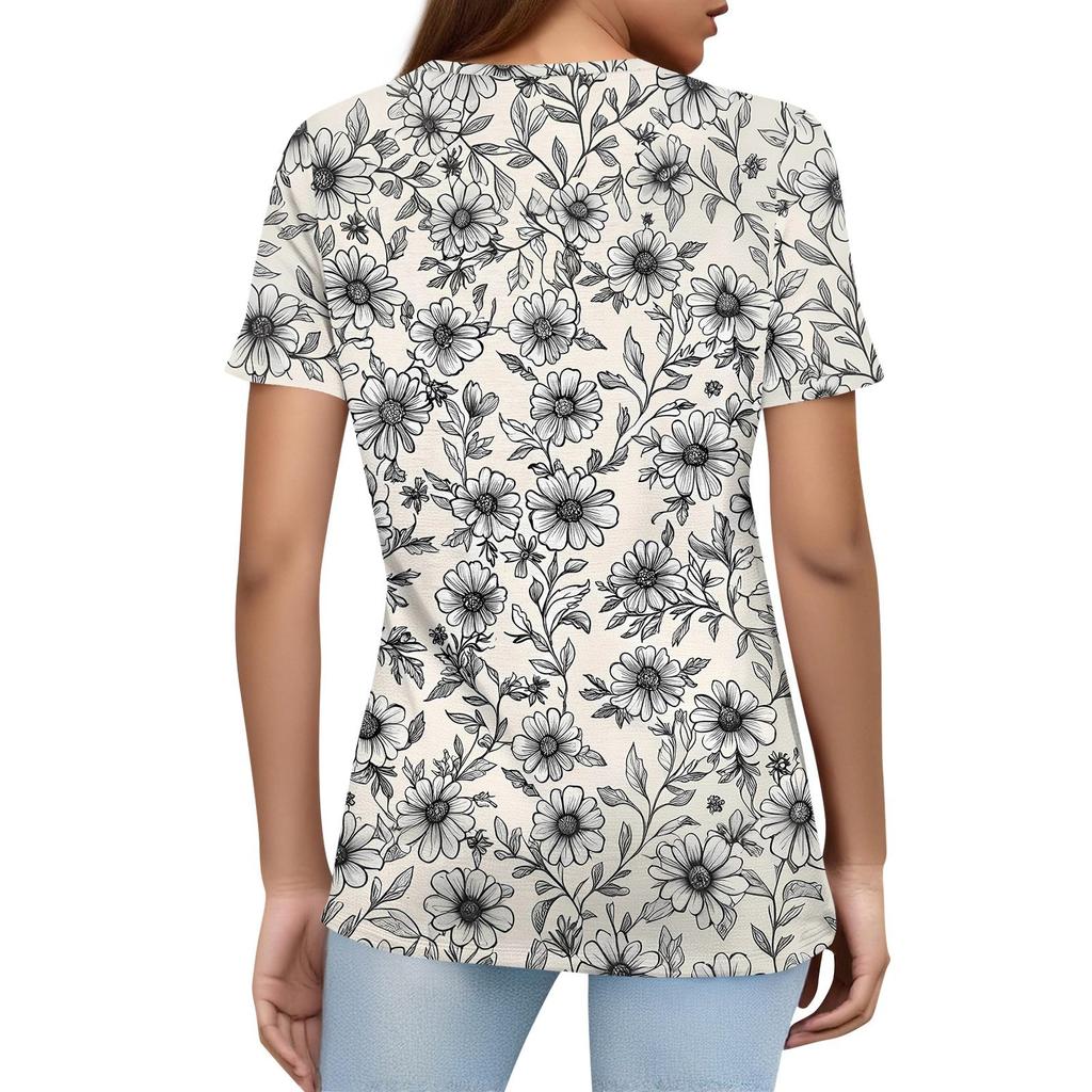 Dámské tričko s potiskem na knoflíky s krátkým rukávem Denní víkendová móda Basic Top s výstřihem do V