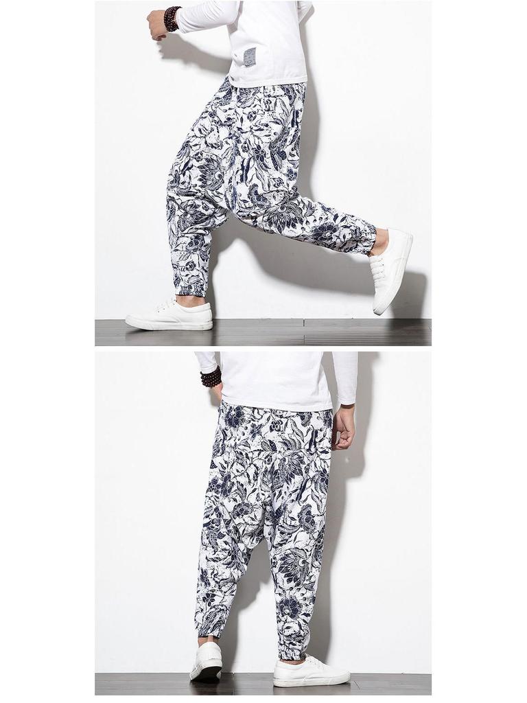 2023 Spring Men's Chinese-Style Cotton Linen Harem Pants - Printed Hip Hop Trousers